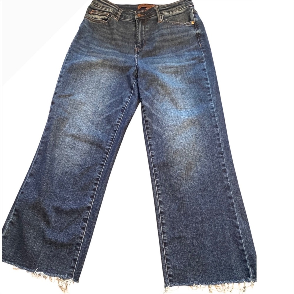 Judy‎ Blue Women Wide Crop Jeans Dark Wash Raw Hem Stretch JB88873 Size 7/28